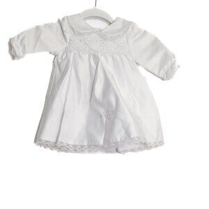 Baby Girls Size 0-3M White Lace Trim Peter Pan Collar Dress With Embroidered